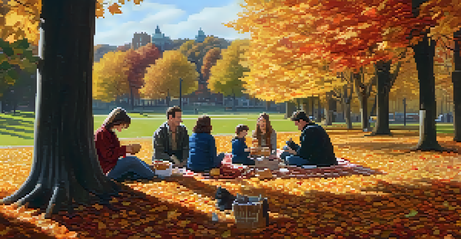 A family having a picnic in an autumn park, surrounded by colorful leaves and children playing in the background.
