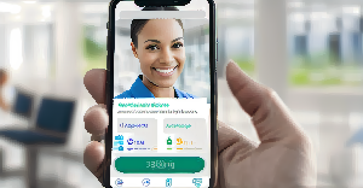 A smartphone displaying a telehealth app interface with features for booking appointments and health monitoring against a blurred clinic background.