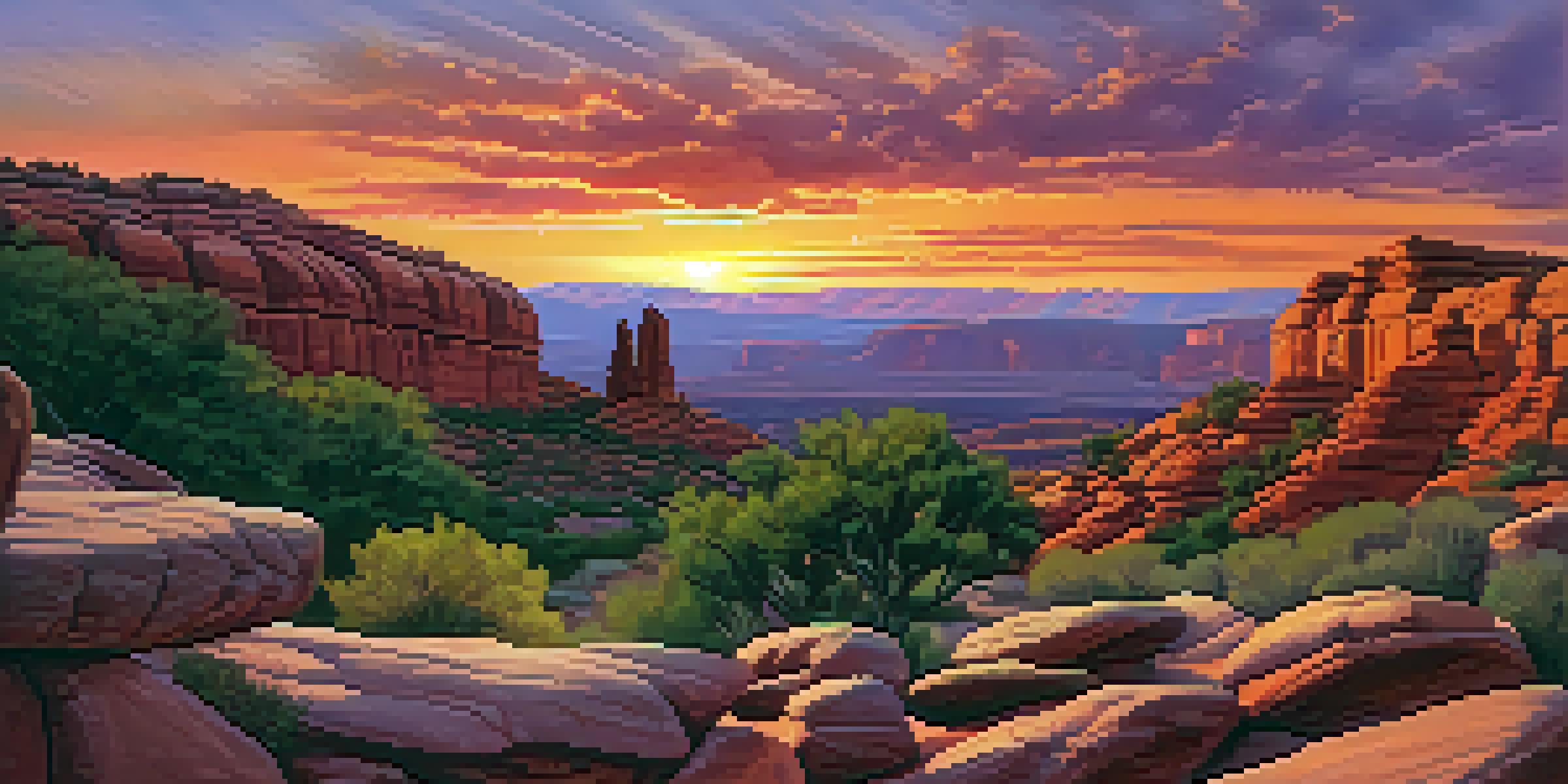Sunset view of Red Rocks Park and Amphitheatre with vibrant colors in the sky and silhouettes of trees.