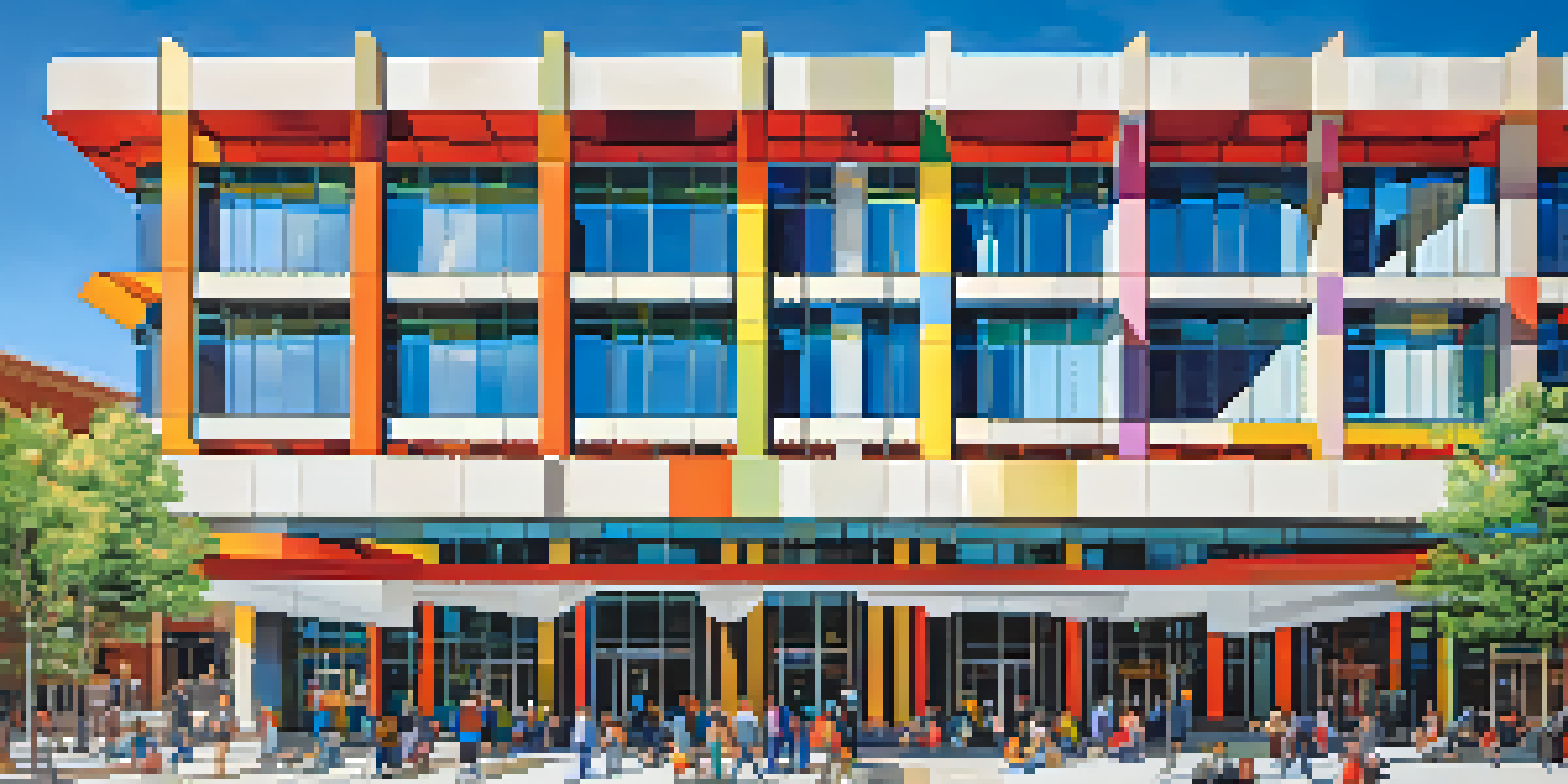 A vibrant scene of the Denver Public Library with its unique architectural design, surrounded by people enjoying the outdoors.