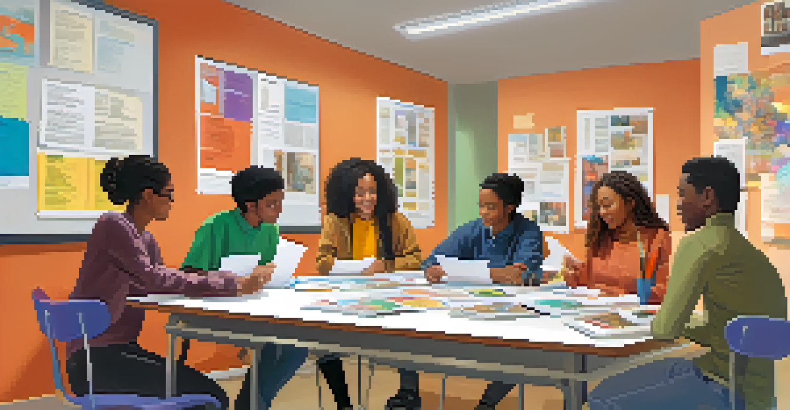 A diverse group of students collaboratively working on scholarship applications in a bright, welcoming workshop setting.