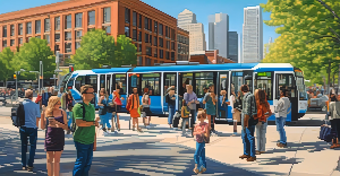 A busy street in Denver showing modern light rail trains and bus stops, with diverse people waiting, and the Denver skyline in the background.