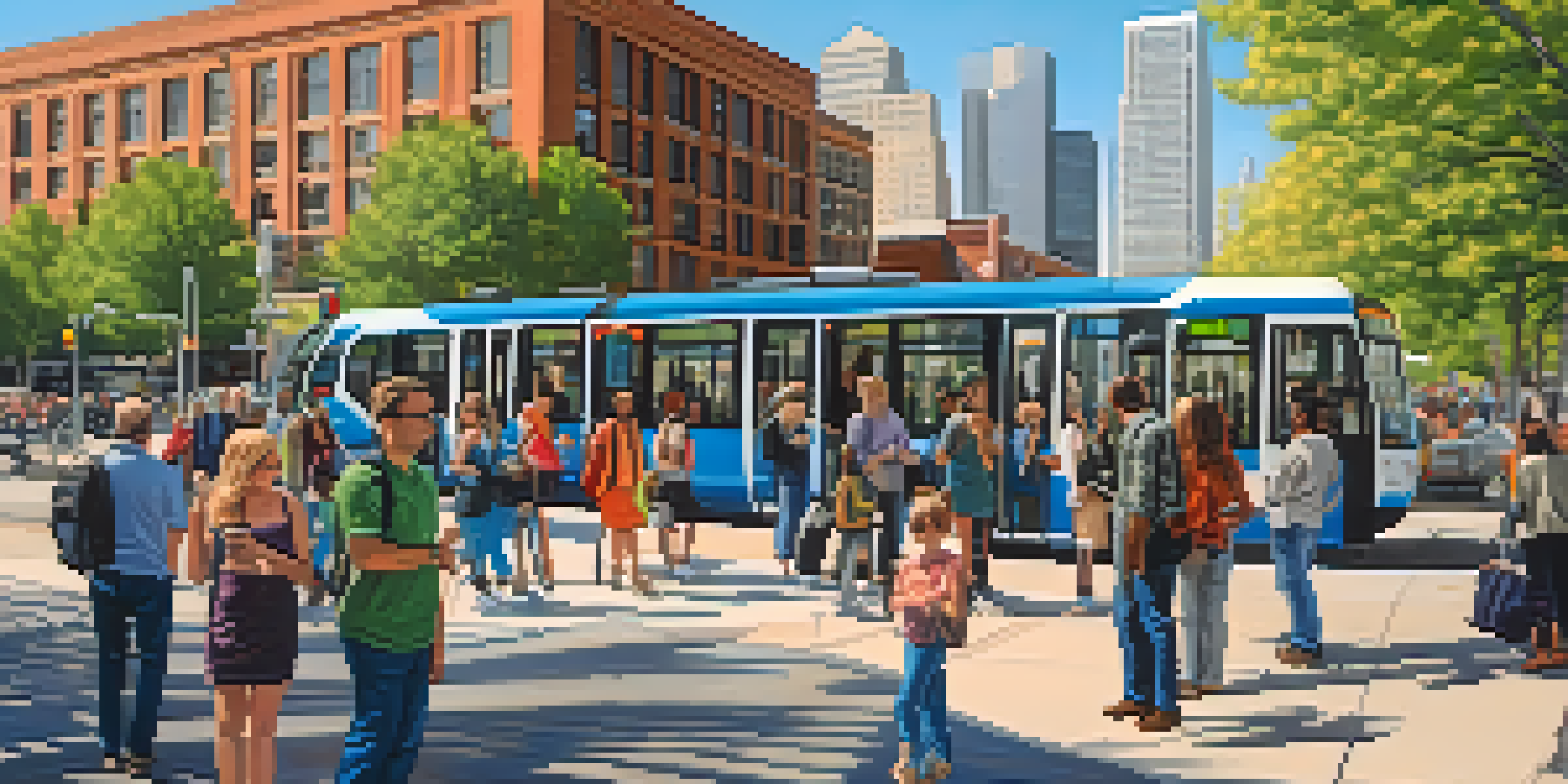 A busy street in Denver showing modern light rail trains and bus stops, with diverse people waiting, and the Denver skyline in the background.