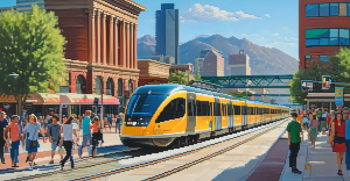 A busy street in Denver with a light rail train, diverse commuters, local shops, and the Rocky Mountains in the background.