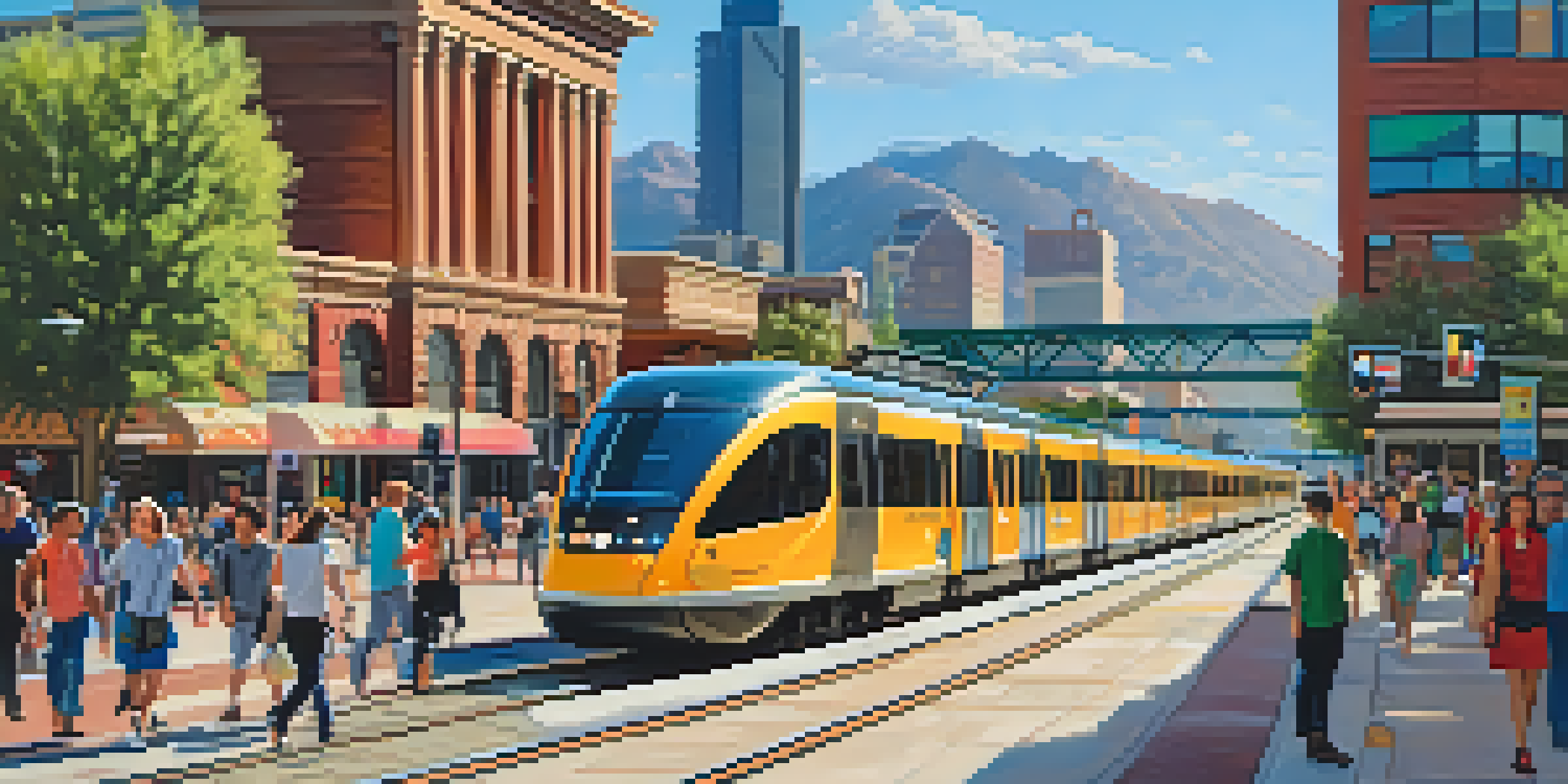 A busy street in Denver with a light rail train, diverse commuters, local shops, and the Rocky Mountains in the background.