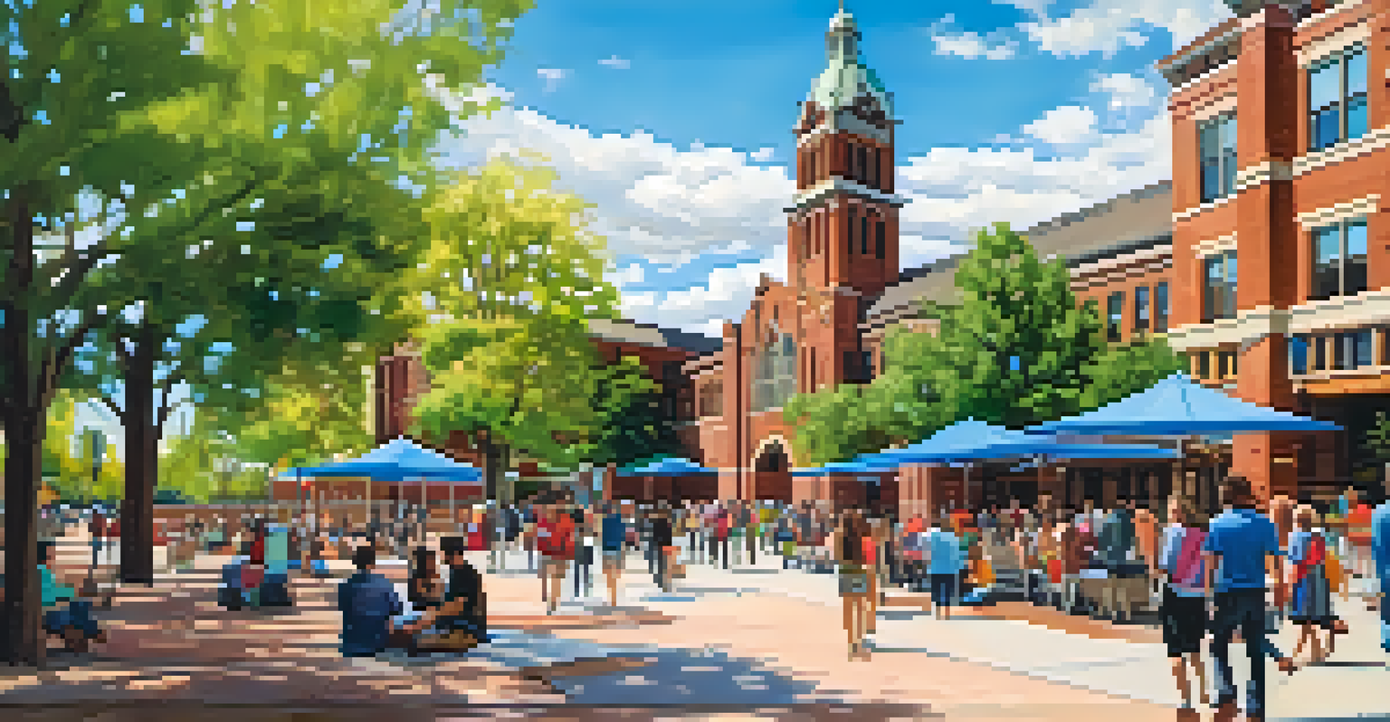 An outdoor scene at the University of Denver campus featuring beautiful architecture and students enjoying a cultural festival.