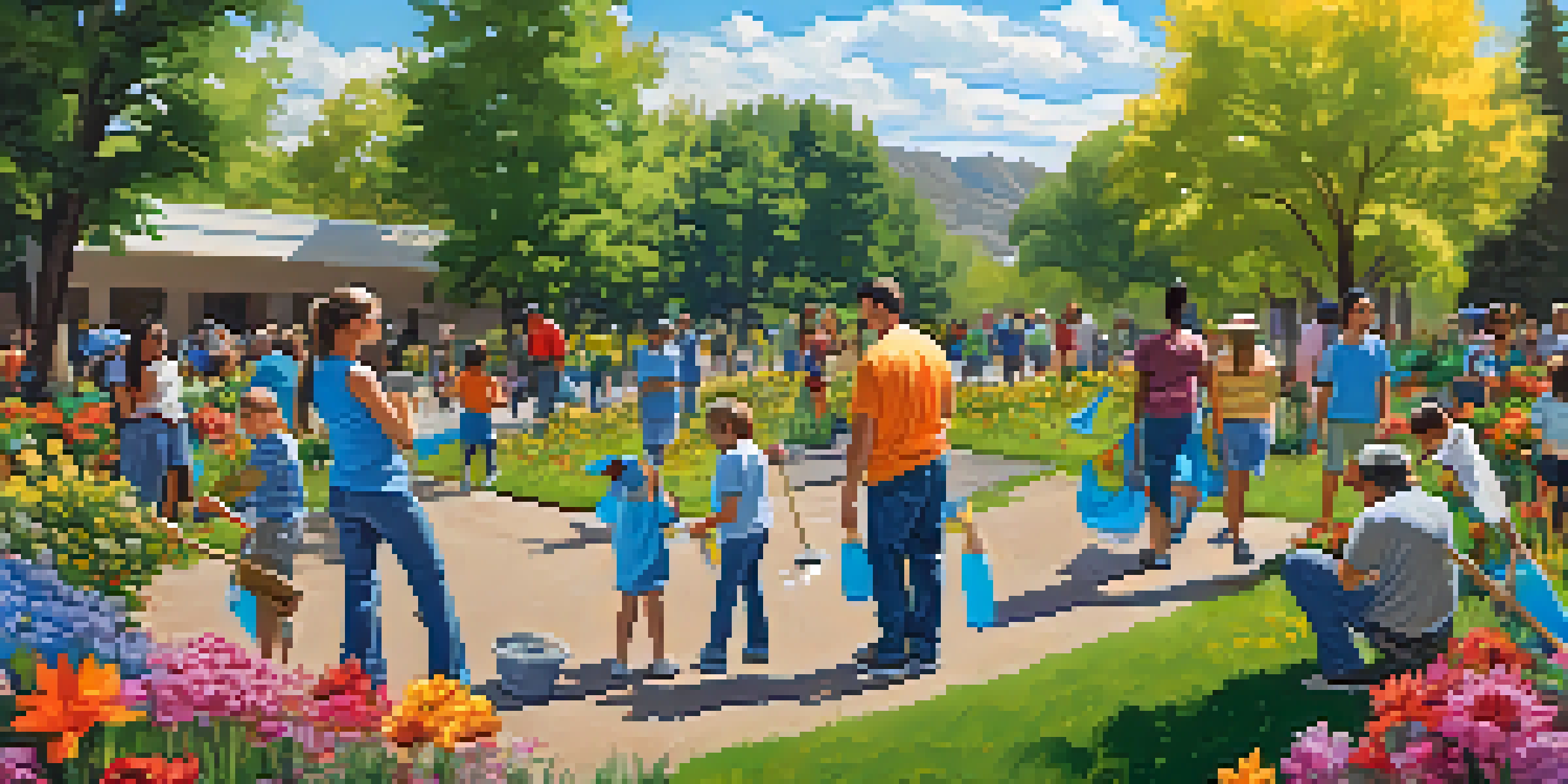 A family engages in a community clean-up in a park, with children collecting litter and parents overseeing, amidst green trees and blooming flowers under a sunny sky.