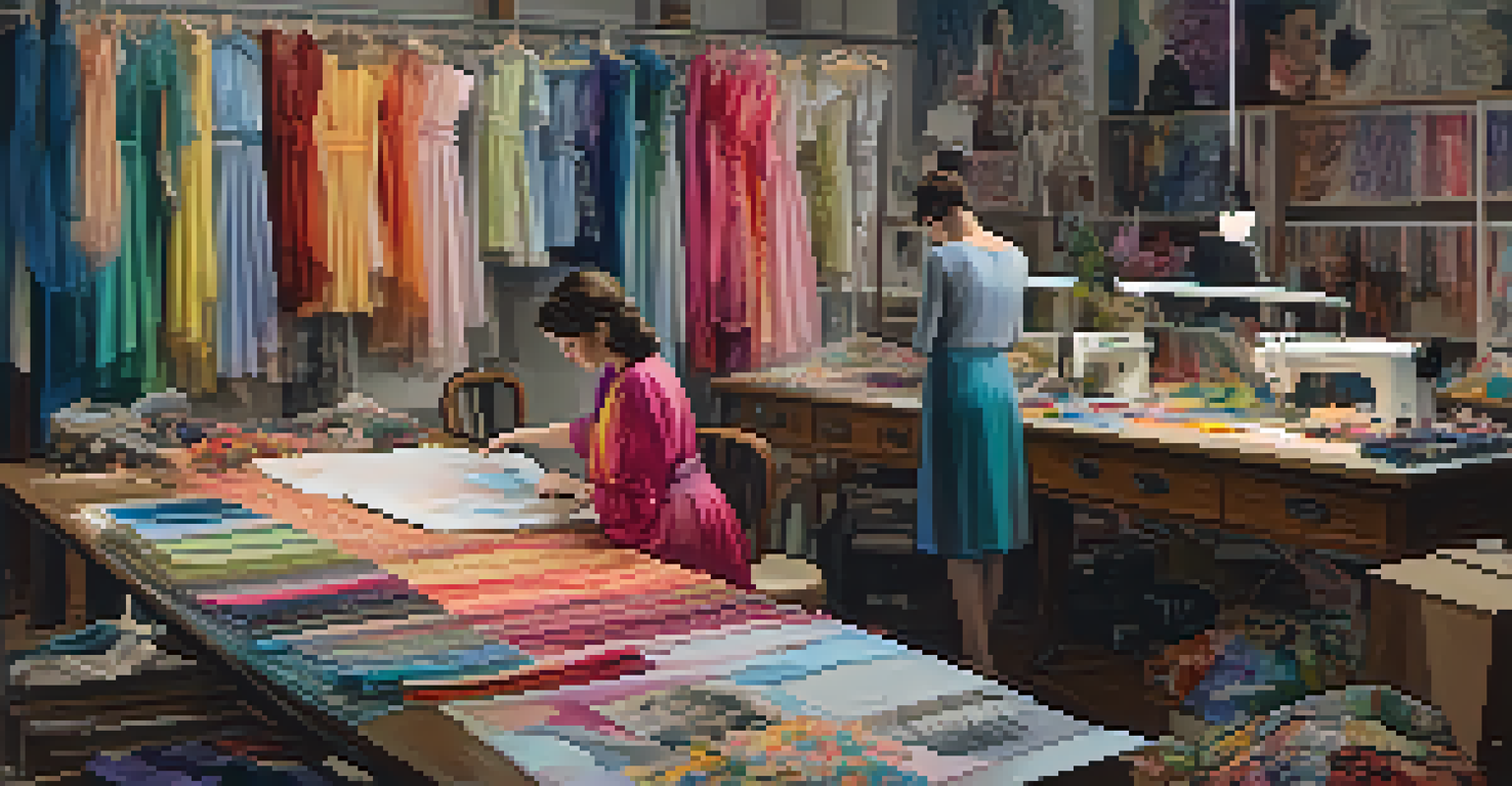 A costume designer working at a sewing machine in a studio filled with colorful fabrics, sketches, and mood boards.