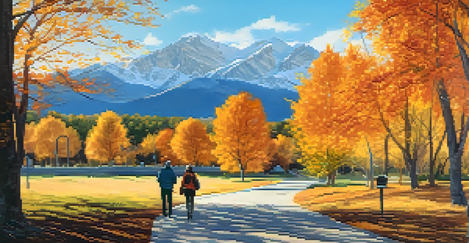 A beautiful Denver park in autumn with colorful leaves, a couple walking a dog, and the Rocky Mountains in the background.