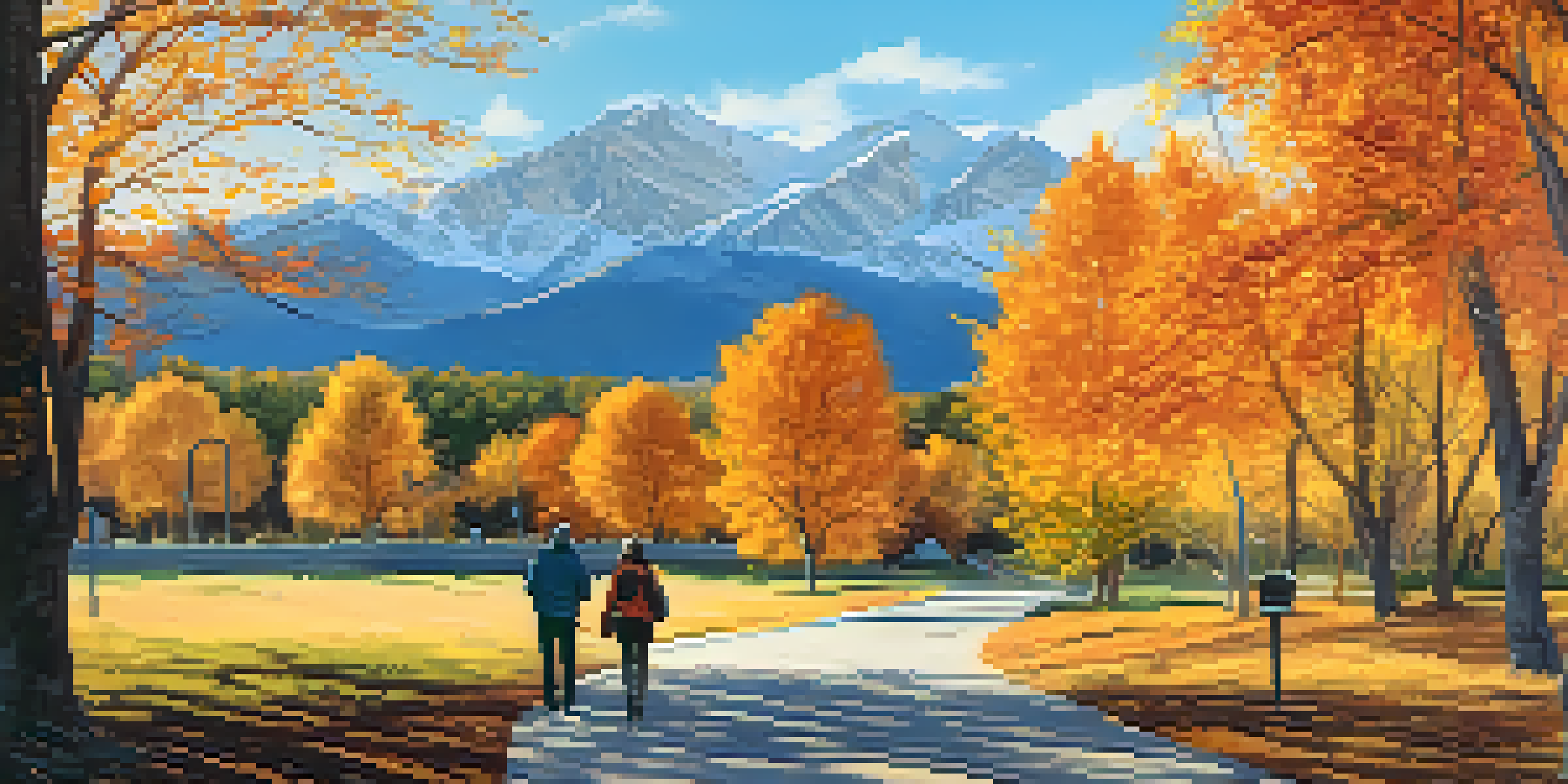 A beautiful Denver park in autumn with colorful leaves, a couple walking a dog, and the Rocky Mountains in the background.