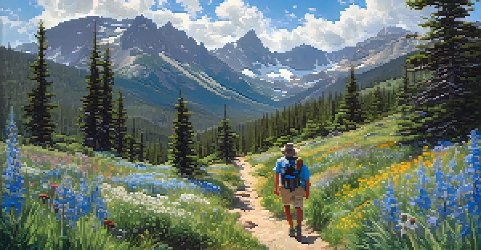 A scenic summer view of Rocky Mountain National Park with hikers on a trail, surrounded by green trees, mountains, and colorful wildflowers.
