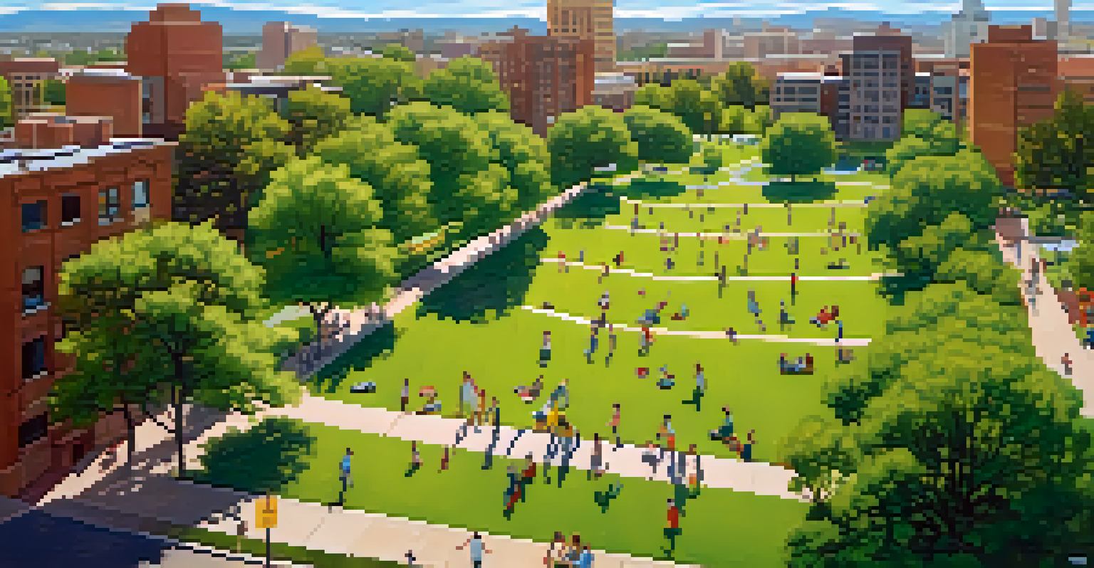 Aerial view of a green park in Denver filled with families and children playing under a blue sky.