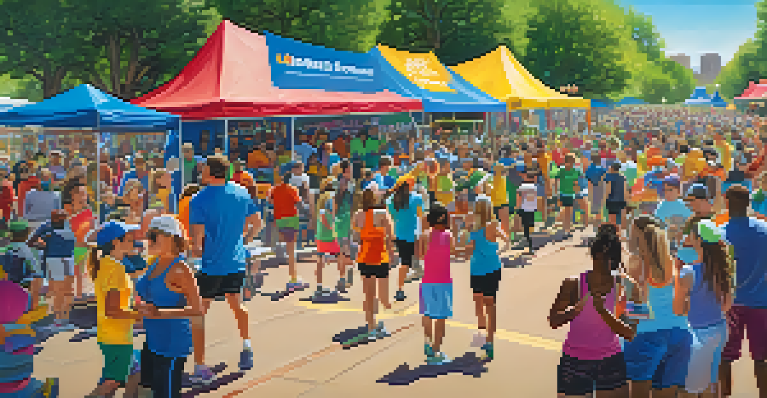 A community 5K run in a park with diverse participants and cheering spectators, surrounded by food trucks and festive decorations.