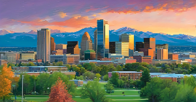 A wide view of Denver's skyline with the Rocky Mountains in the background, colorful sunset sky, and people in green parks.