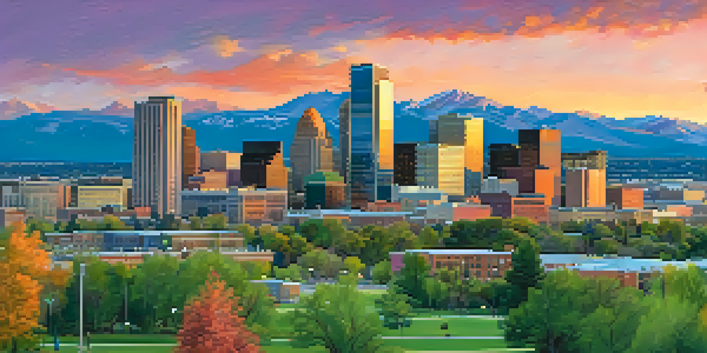 A wide view of Denver's skyline with the Rocky Mountains in the background, colorful sunset sky, and people in green parks.