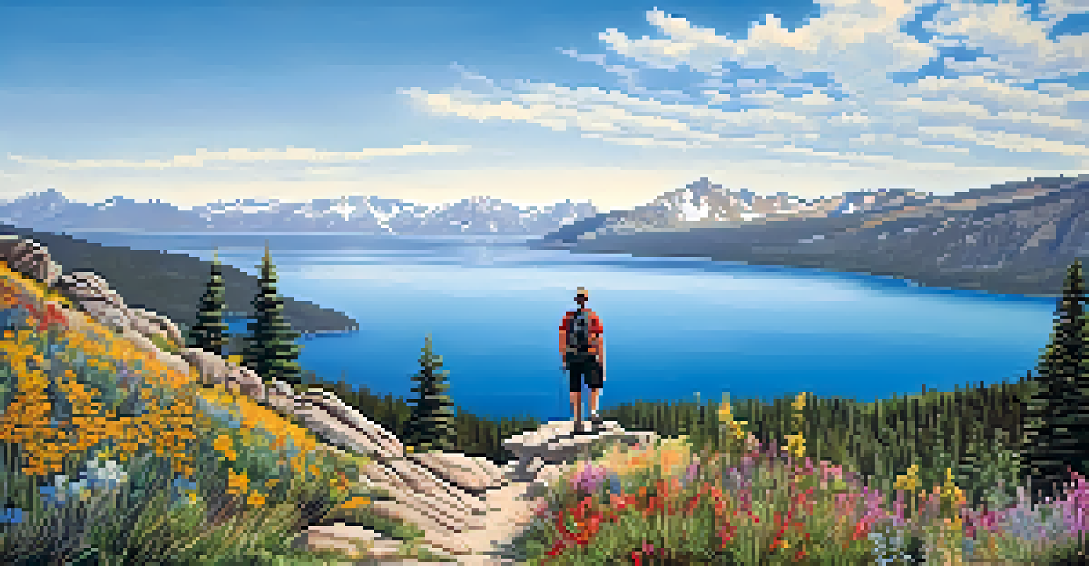 A hiker on a rocky trail by Bear Lake, surrounded by mountains and colorful wildflowers under a clear blue sky.