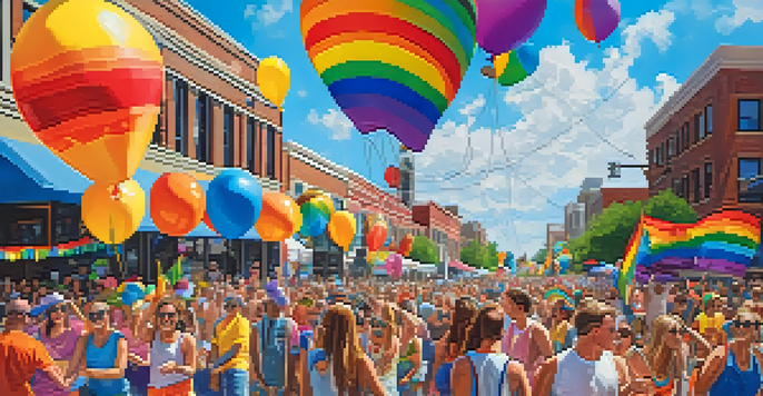 A lively parade scene during Denver PrideFest, with colorful floats and participants in rainbow attire celebrating with smiles and flags under a bright blue sky.