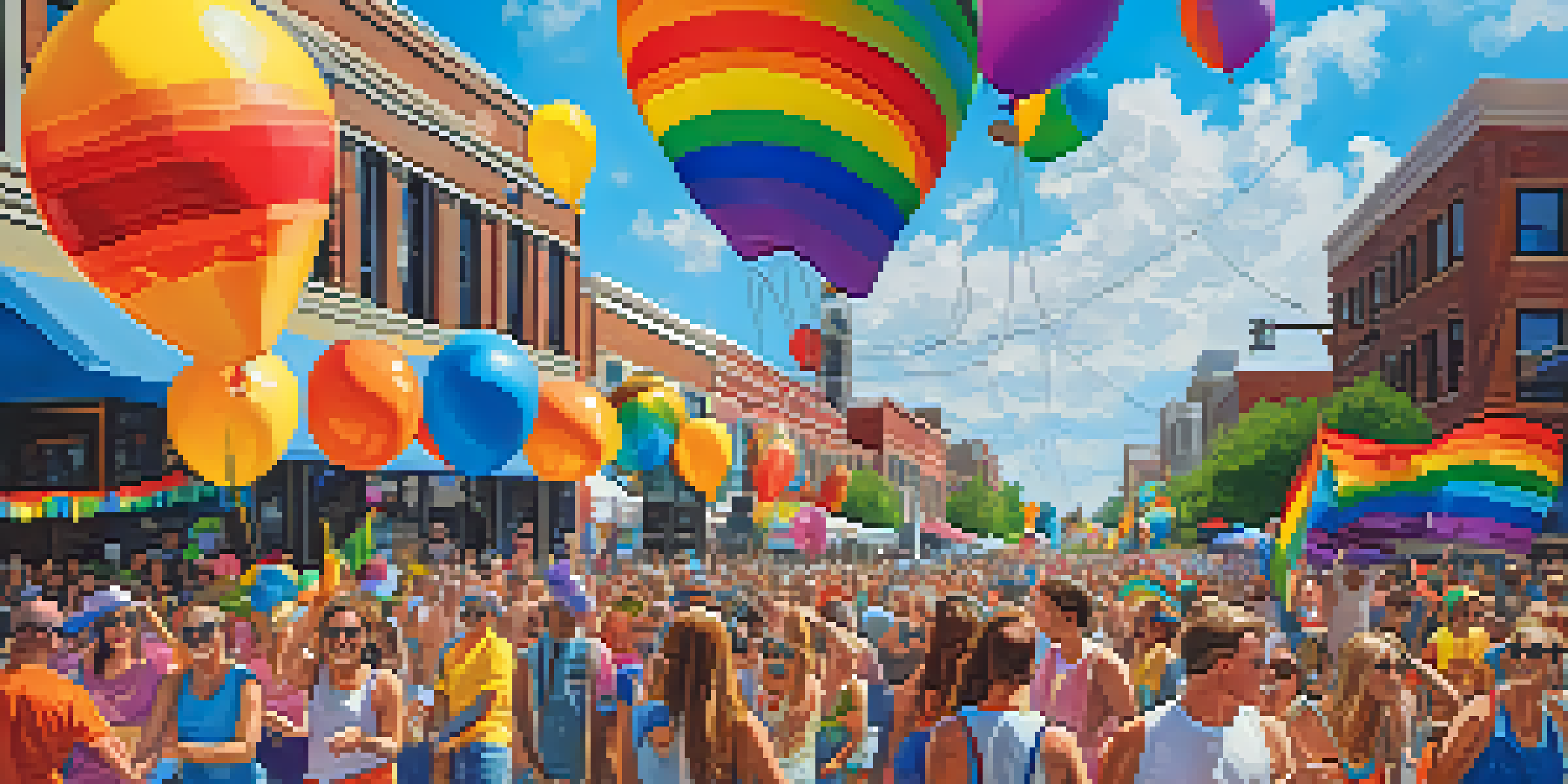A lively parade scene during Denver PrideFest, with colorful floats and participants in rainbow attire celebrating with smiles and flags under a bright blue sky.