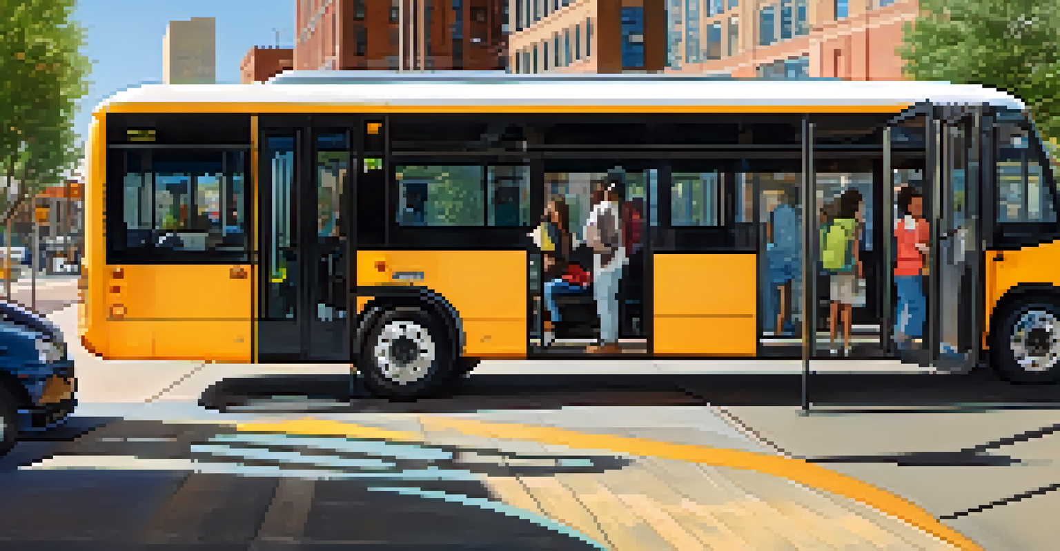 A low-floor accessible bus at a bus stop in Denver with people boarding, including individuals with disabilities.