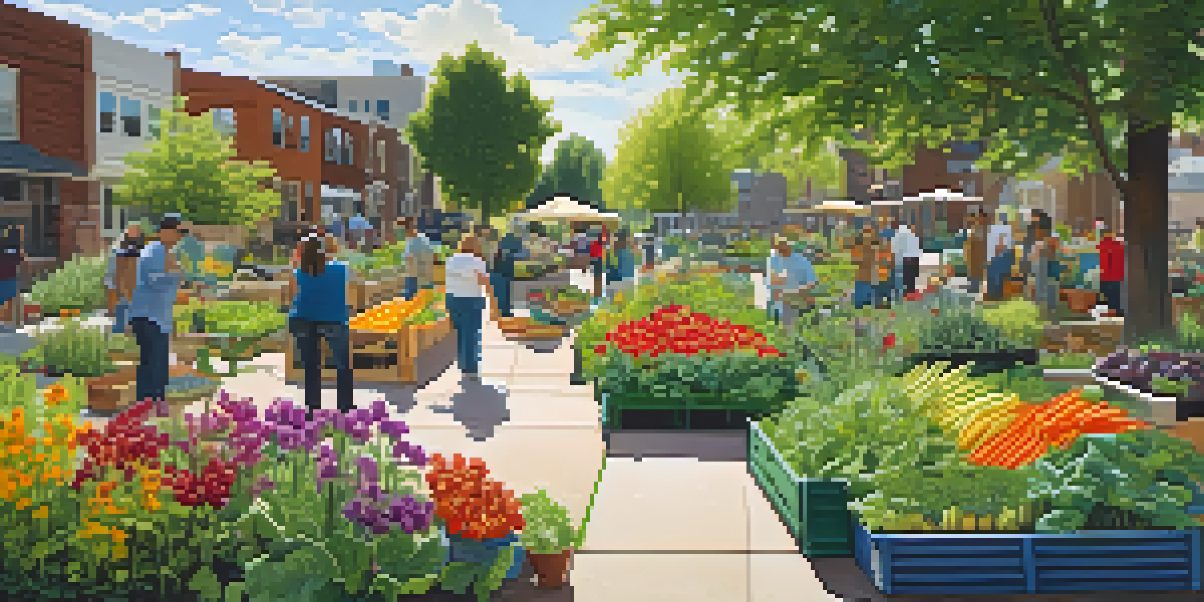 A diverse group of people working in a colorful community garden in Denver, surrounded by urban buildings.