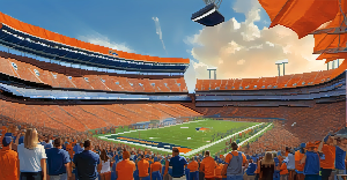 A bustling Empower Field at Mile High with Denver Broncos fans tailgating and celebrating before a football game.