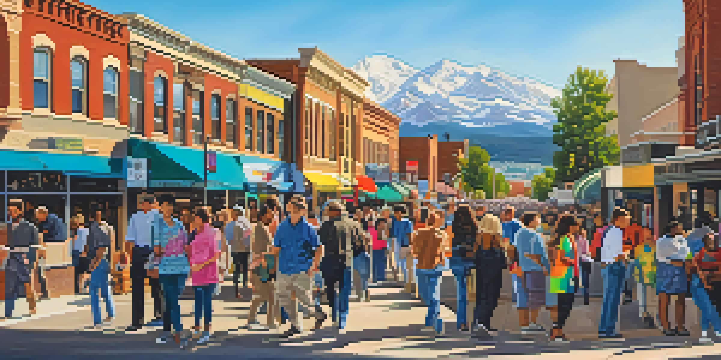 A lively street in Denver filled with diverse individuals participating in community events, featuring colorful murals and mountains in the backdrop under bright sunlight.