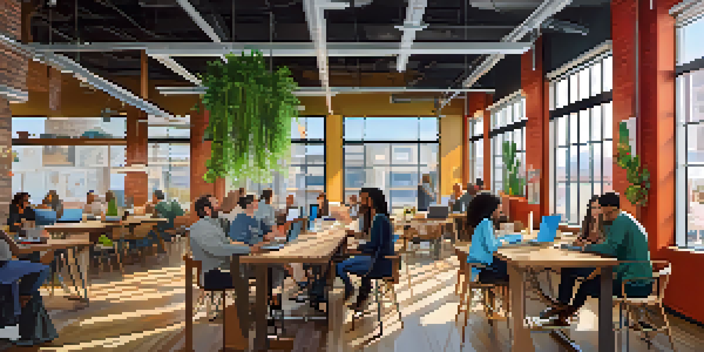 A lively coworking space in Denver with diverse entrepreneurs collaborating and engaging in discussions, enhanced by natural light and colorful decor.