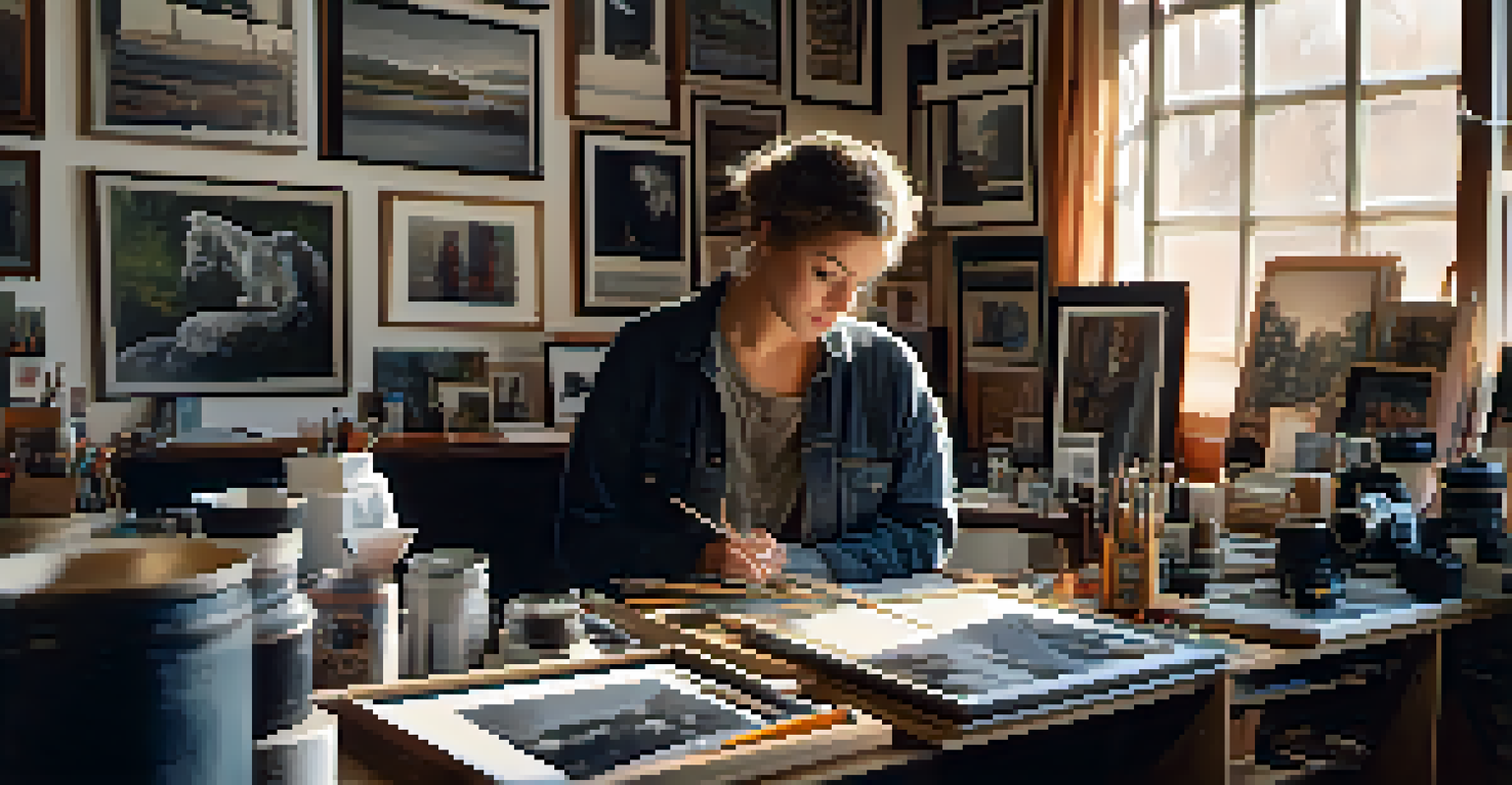 Local photographer in their studio, surrounded by photographs and art supplies.