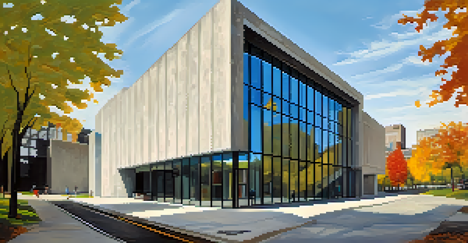 Exterior view of the Clyfford Still Museum with textured concrete and glass, showcasing its unique architecture against a clear blue sky.