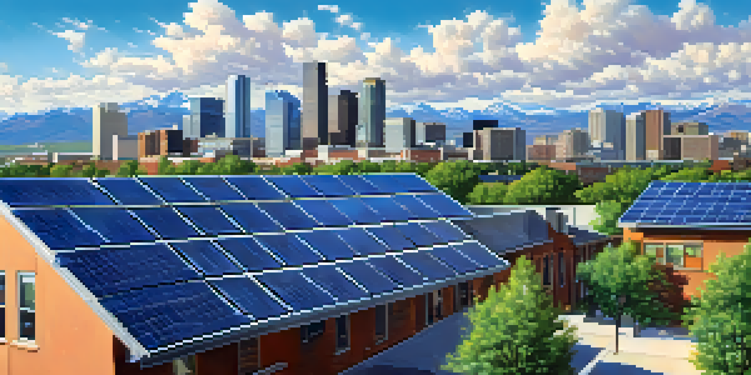 A view of Denver's skyline with solar panels on rooftops under a bright blue sky, mountains in the background.