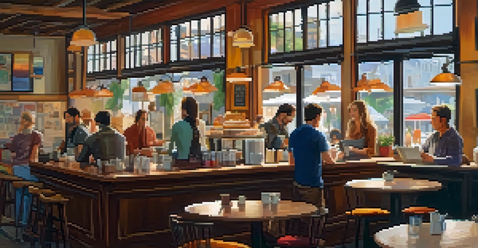 Interior of a cozy coffee shop with artists sketching and discussing their work, colorful artwork on the walls, and soft lighting.