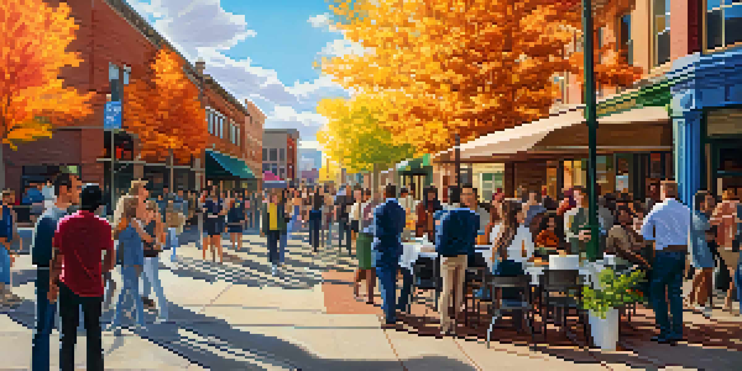 A lively street scene in Denver with young professionals participating in a community event, surrounded by colorful murals and autumn foliage.