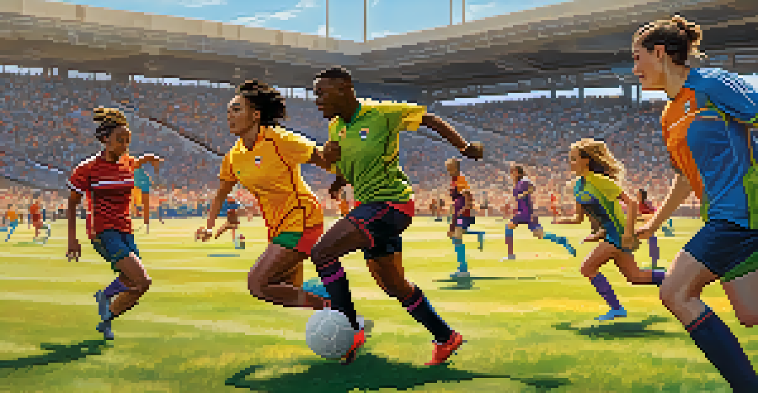A diverse group of athletes playing soccer on a sunny field, showcasing community and teamwork in the Denver LGBTQ+ Sports League.