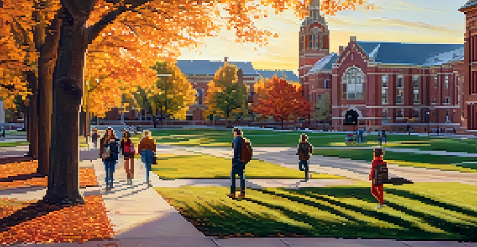 A scenic view of the University of Denver campus in autumn with colorful trees and students walking.