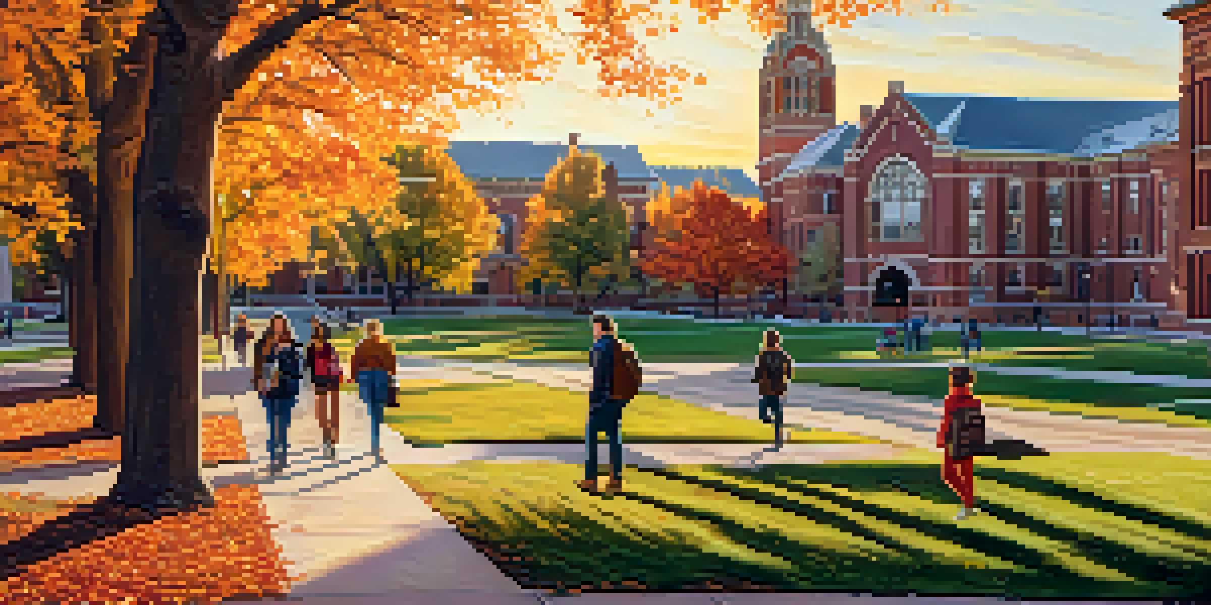 A scenic view of the University of Denver campus in autumn with colorful trees and students walking.