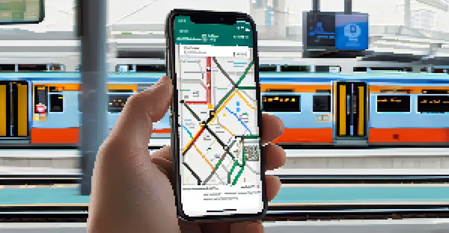 Close-up of a smartphone displaying a smart transit app at a busy Denver transit station, with people boarding buses and trains.