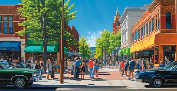 A vibrant street scene in Denver, featuring a blend of modern and historic buildings, with people walking and green trees under a clear blue sky.