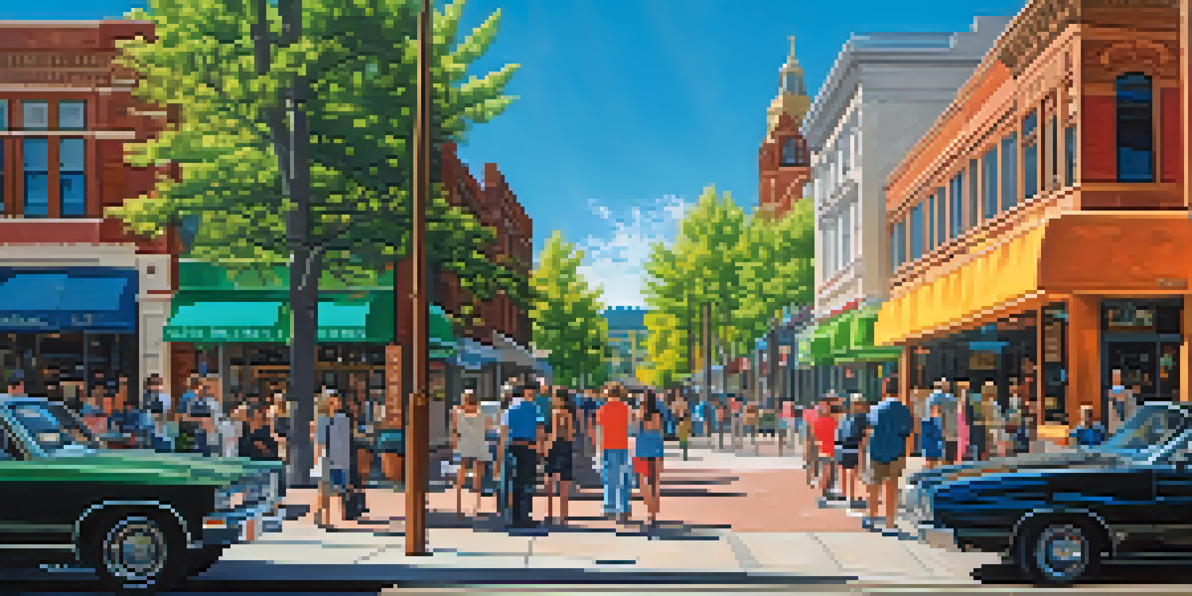 A vibrant street scene in Denver, featuring a blend of modern and historic buildings, with people walking and green trees under a clear blue sky.