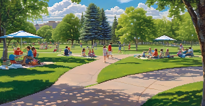 A lively park scene with families picnicking, children playing, and couples walking under a bright blue sky in Denver's City Park.