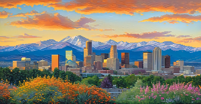 A panoramic view of Denver's skyline at sunset with the Rocky Mountains in the background, featuring illuminated buildings and a lush park in the foreground.