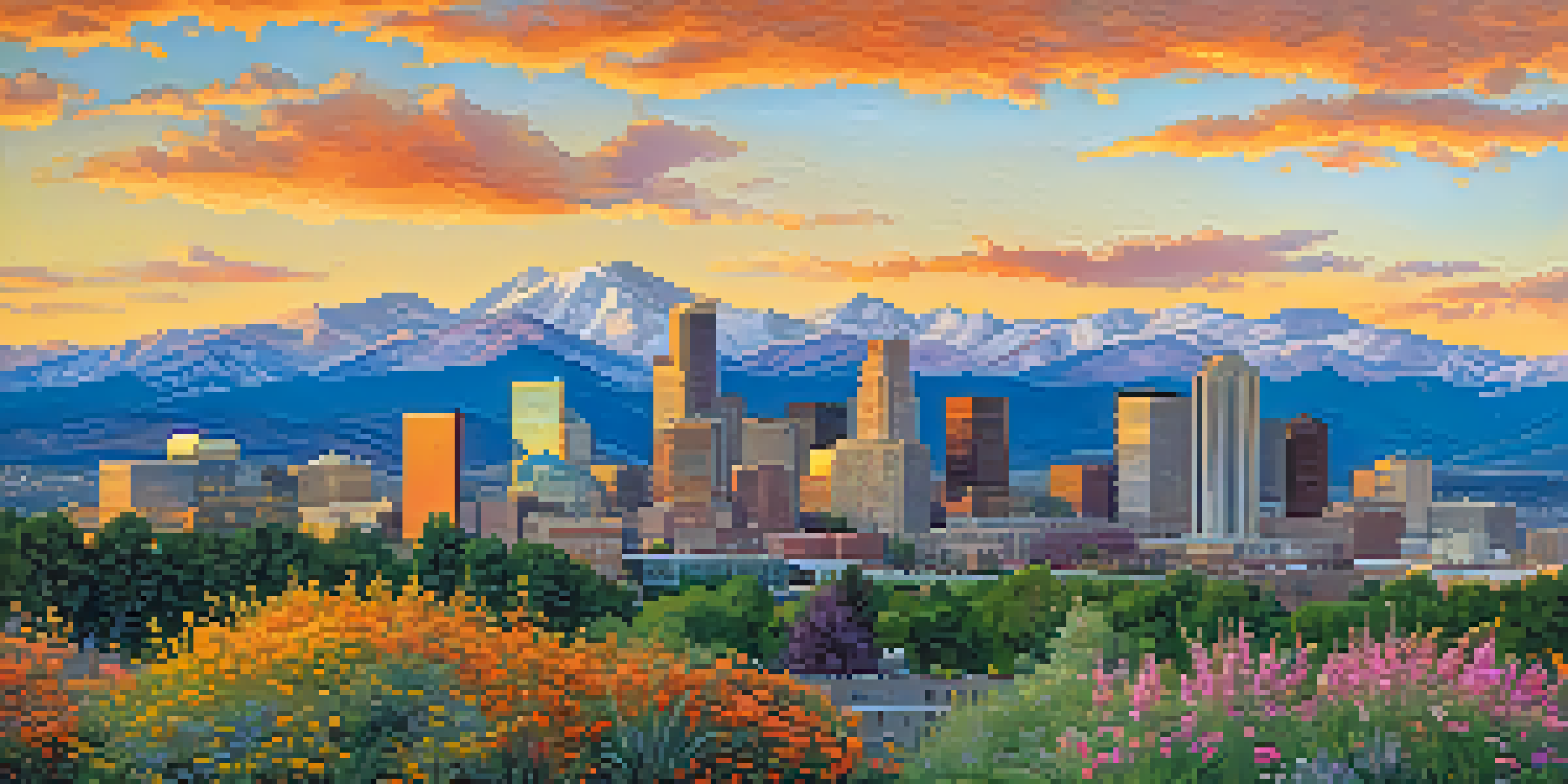 A panoramic view of Denver's skyline at sunset with the Rocky Mountains in the background, featuring illuminated buildings and a lush park in the foreground.