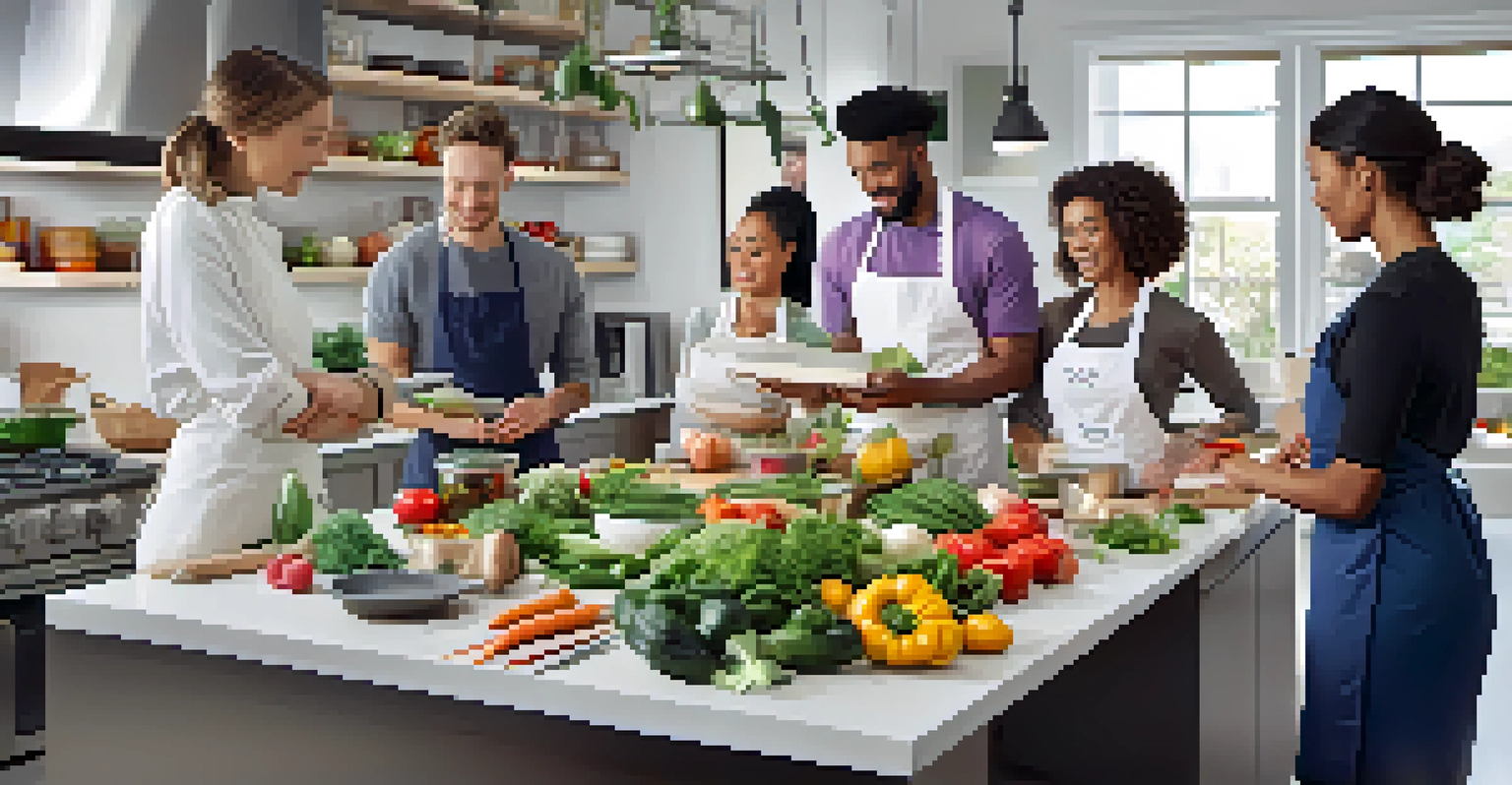 A group cooking class focused on healthy meal preparation in a bright kitchen.