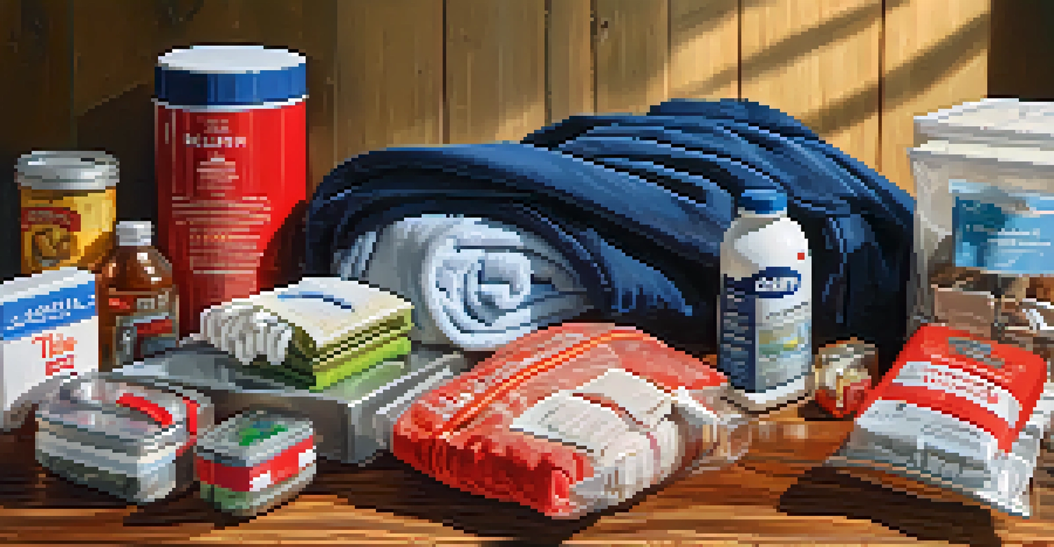 A close-up of a winter emergency kit on a wooden table, showing blankets, water bottles, and a first aid kit with soft light filtering in.