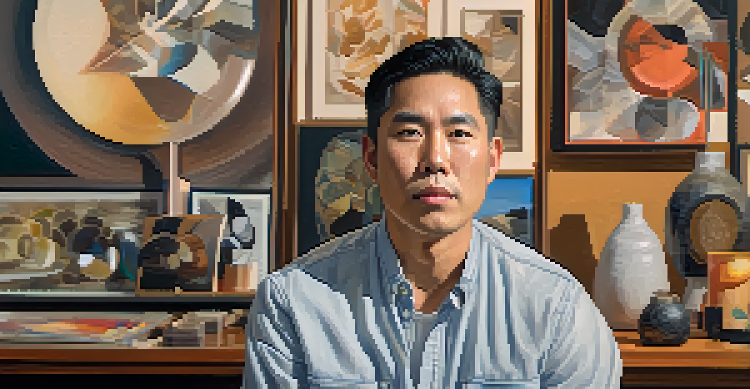 A focused Asian American artist in their studio, with a variety of unique artworks around them, showcasing creative expression.