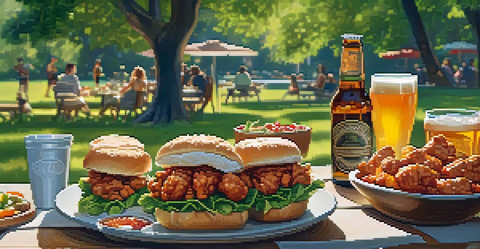 A picnic table outdoors with craft beer glasses and food pairings, surrounded by greenery and friends enjoying their meal.