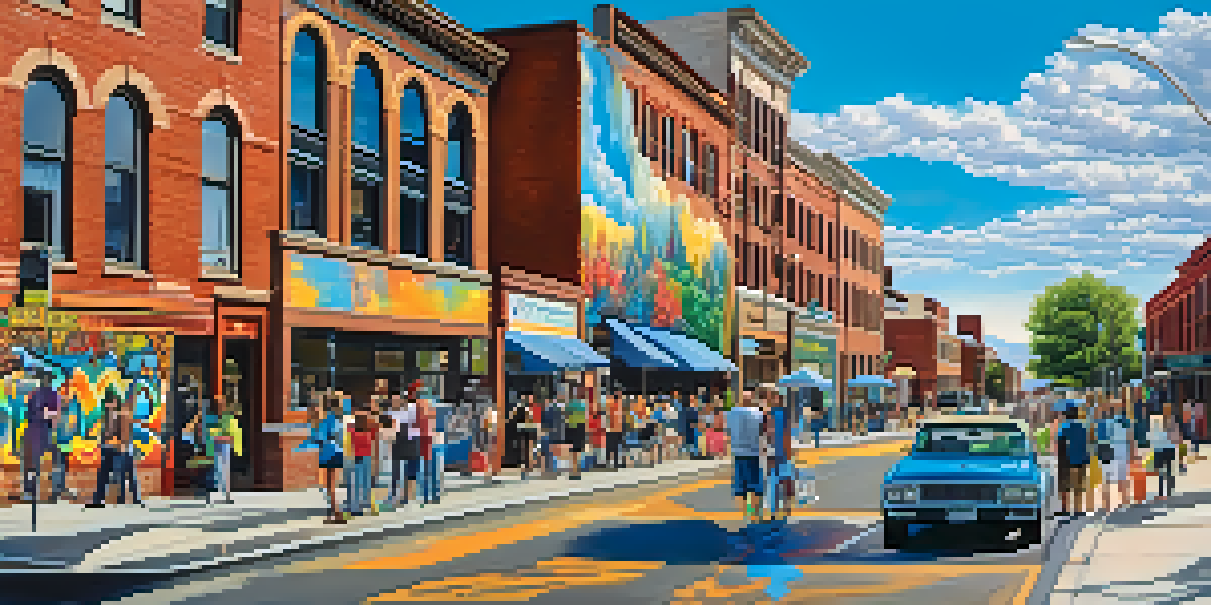 A bustling Denver street with local artists creating colorful murals on walls, surrounded by pedestrians and the Rocky Mountains in the background.