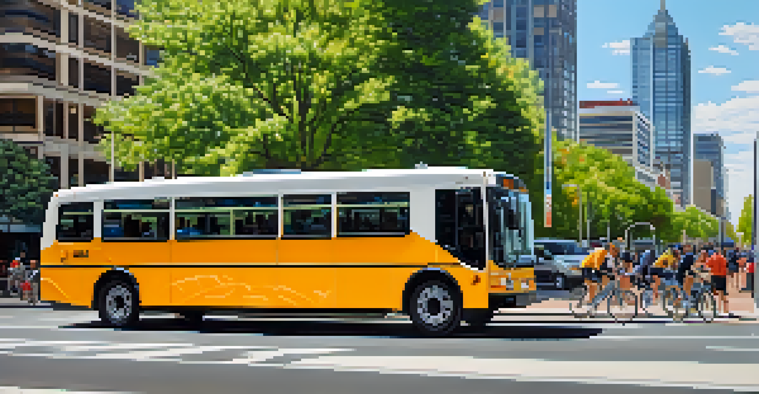 An electric bus driving through a busy street in Denver, with cyclists and pedestrians around it on a sunny day, showcasing modern buildings in the background.