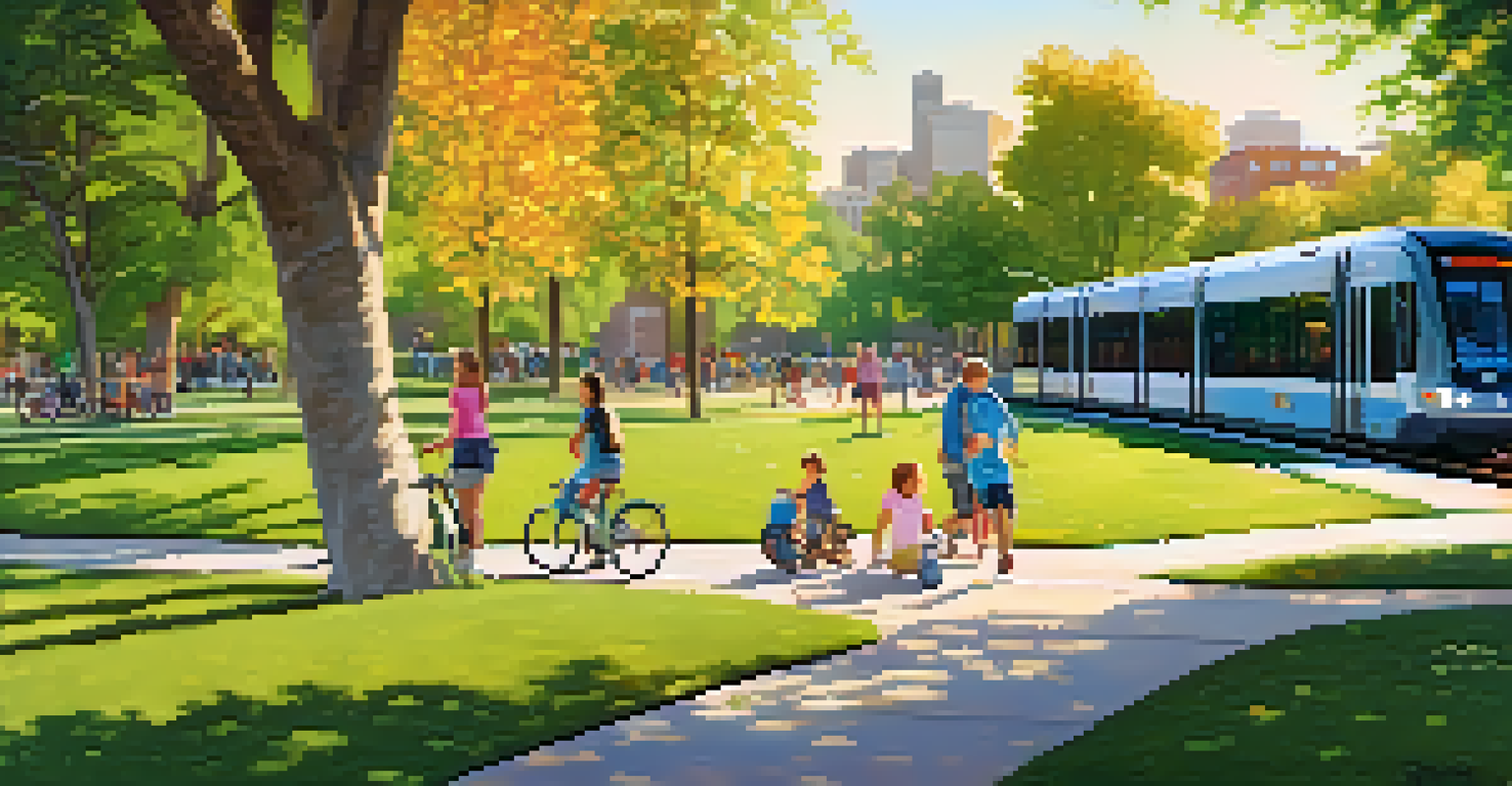 A peaceful park in Denver with families enjoying time together and a modern light rail train passing in the background.