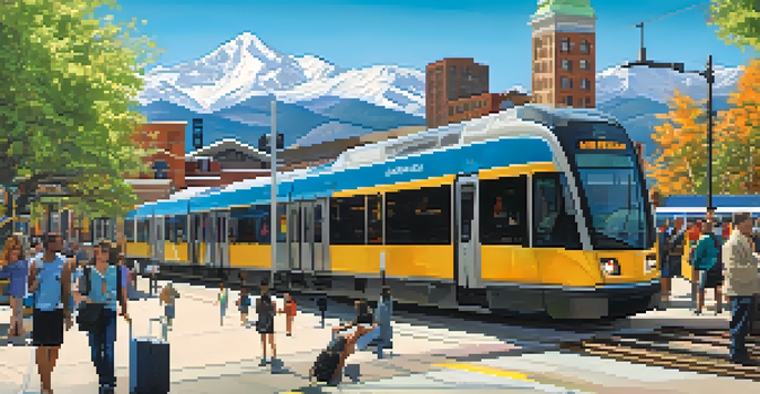A busy Denver light rail station with commuters checking their devices and the Rocky Mountains in the background.