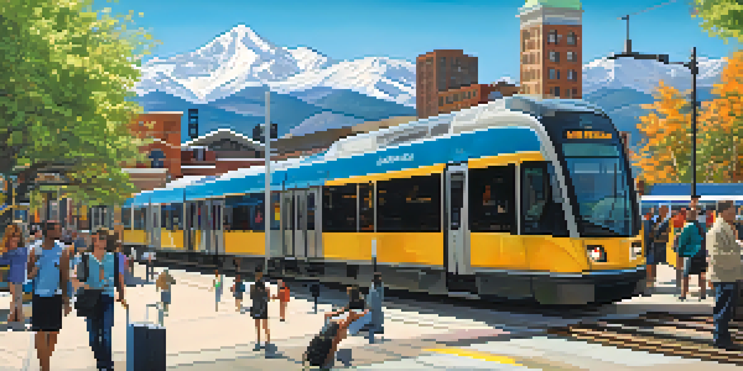A busy Denver light rail station with commuters checking their devices and the Rocky Mountains in the background.